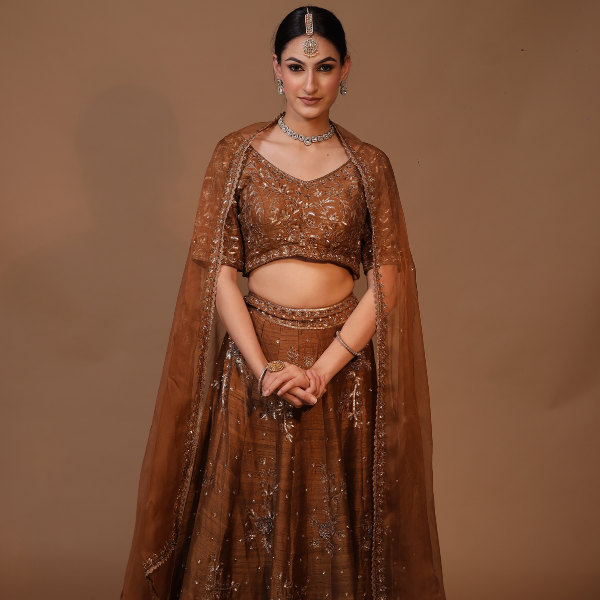 3-Piece Lehenga Set Zardozi Zari Sippi Embroidery (Brown)