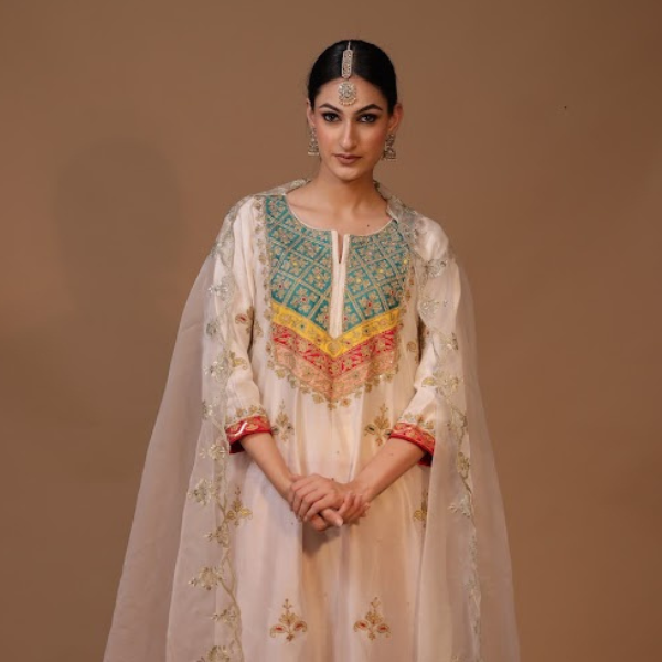 3-Piece Salwaar Suit Set Marori Work (White)