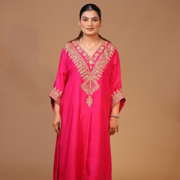 2-Piece Silk Choga Salwaar Set Dori Work (Pink)