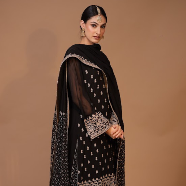 3-Piece Georgette Sharara Suit Set (Black)