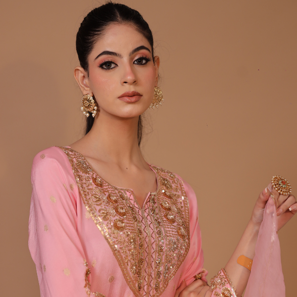 3-Piece Sharara Suit Set Zardozi Sippi Dori Embroidery (Blush Pink)