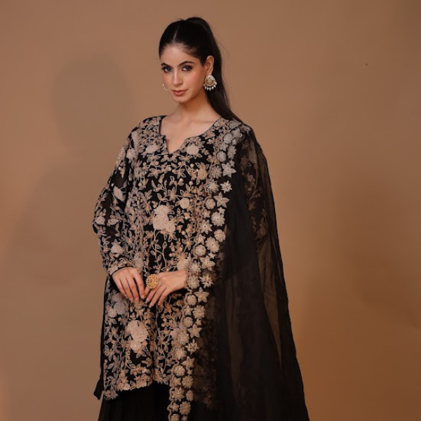 3-Piece Georgette Sharara Suit Set Aari Work