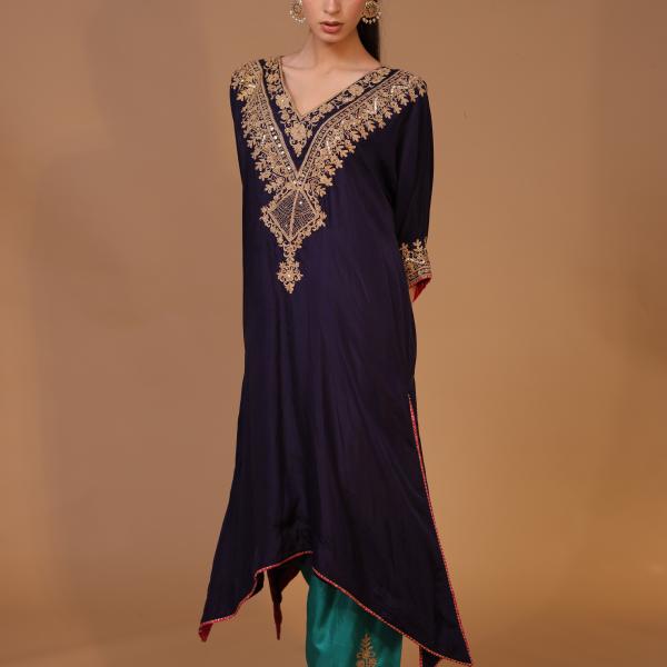 2-Piece Silk Choga Salwaar Set Dori Work (Dark Blue)