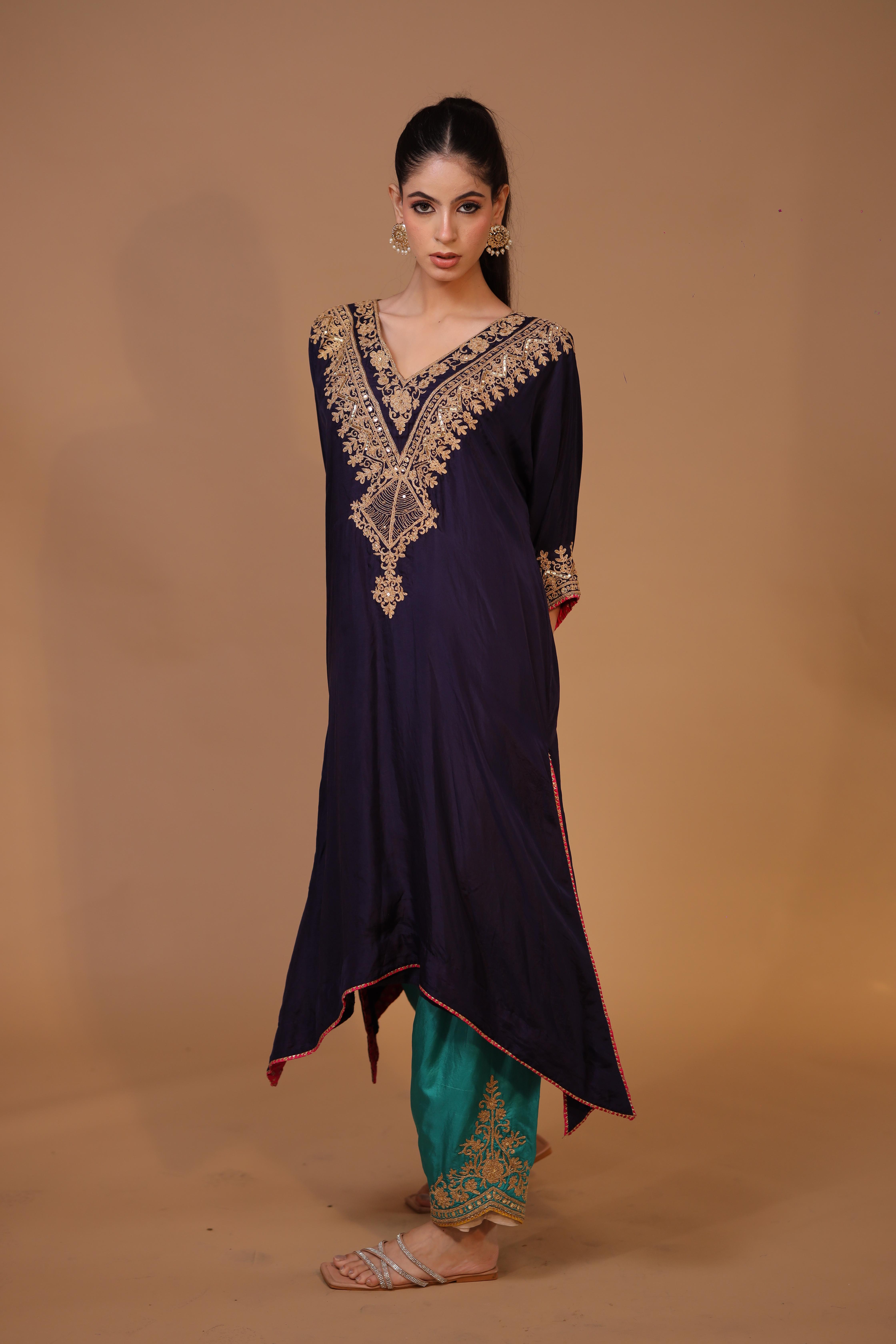 2-Piece Silk Choga Salwaar Set Dori Work (Dark Blue)