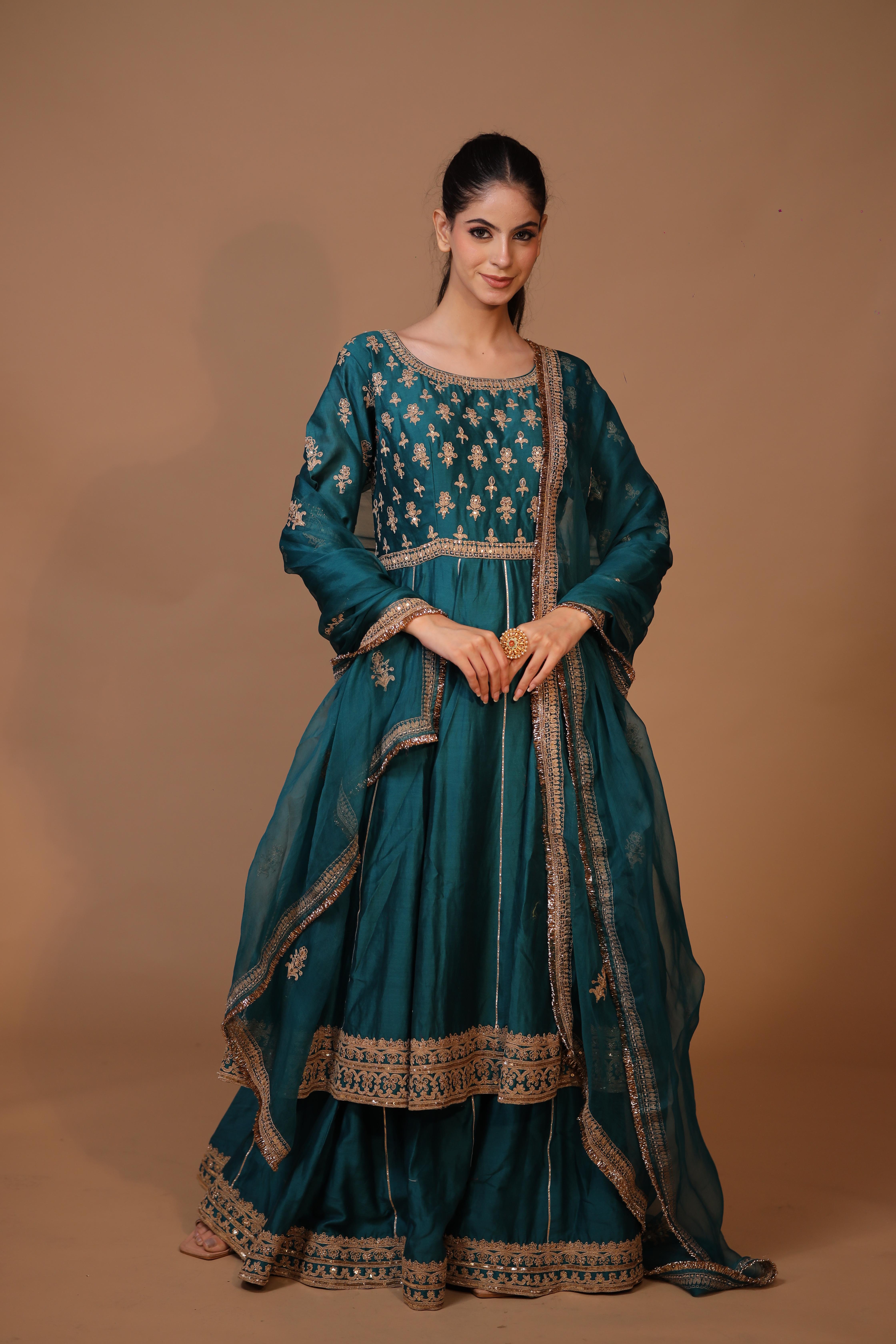 3-Piece Anarkali Sharara Suit Set Dori Work