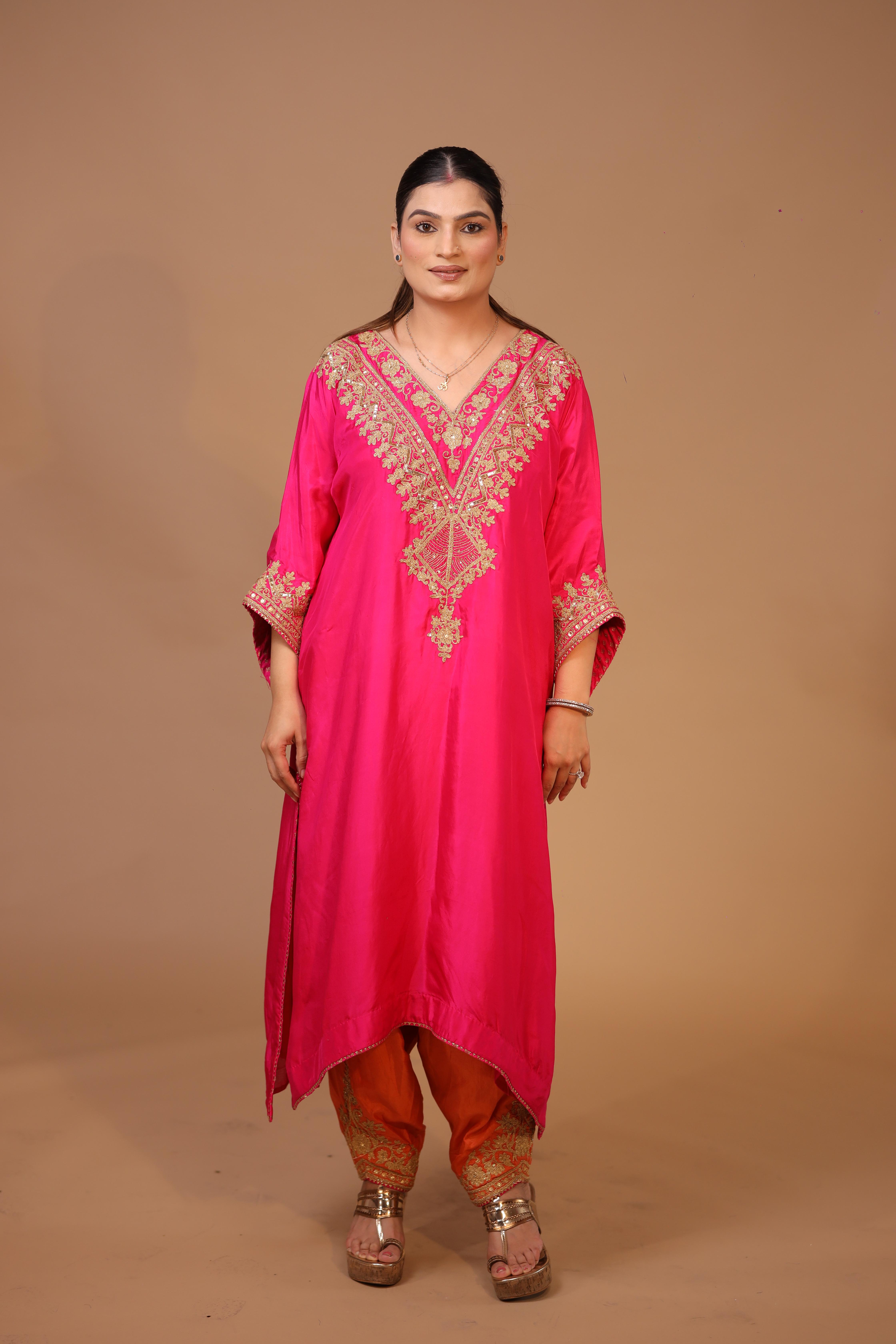 2-Piece Silk Choga Salwaar Set Dori Work (Pink)