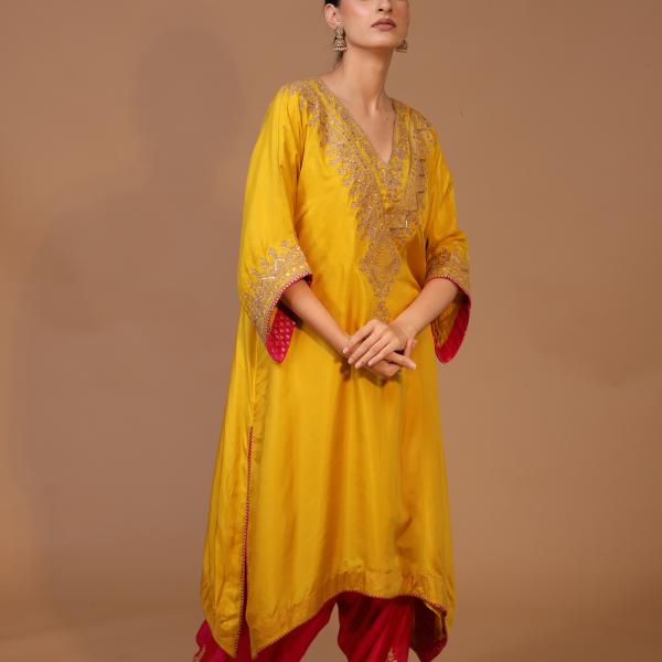 2-Piece Silk Choga Salwaar Set Dori Work (Yellow)