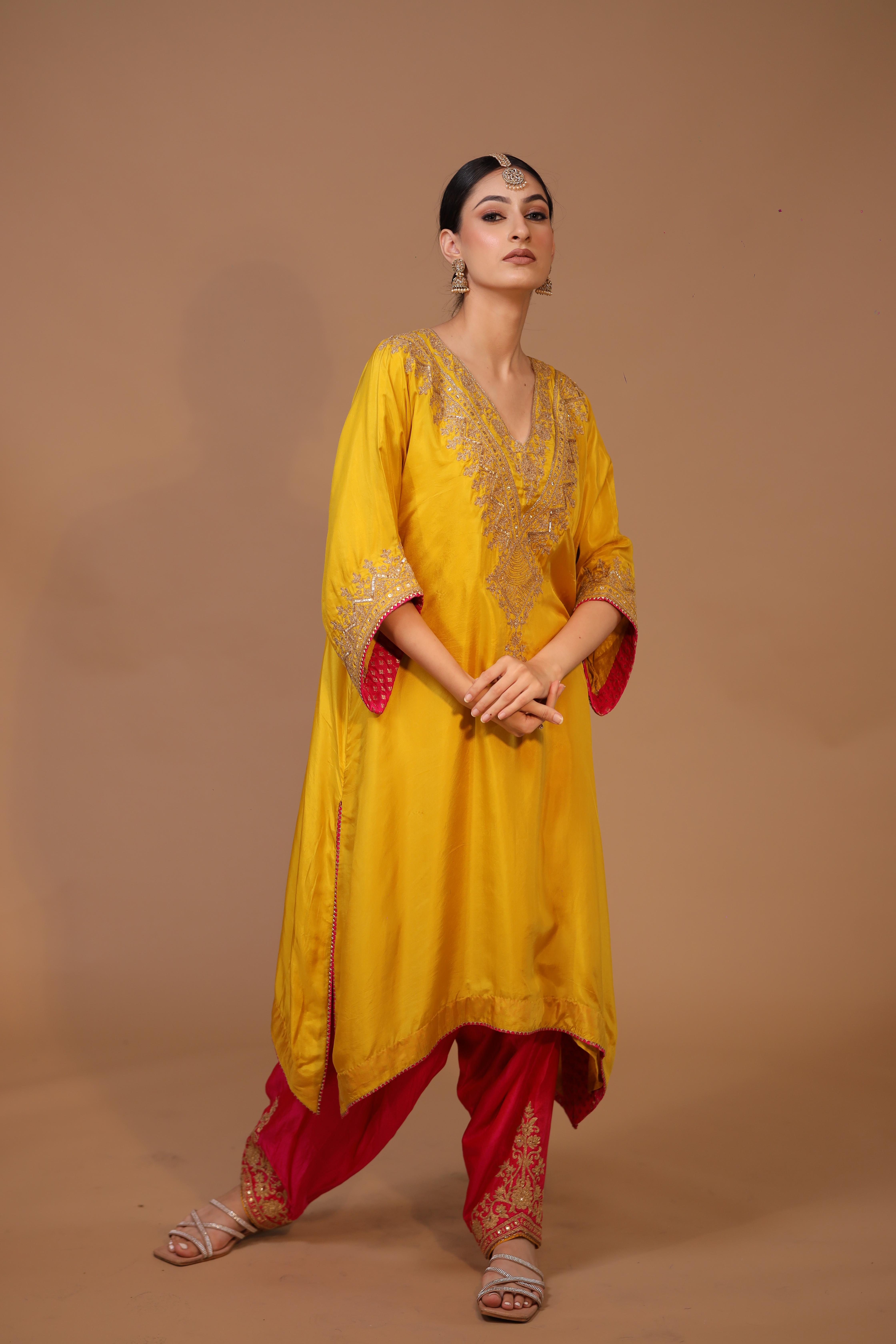 2-Piece Silk Choga Salwaar Set Dori Work (Yellow)