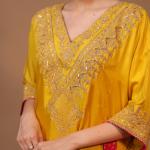 2-Piece Silk Choga Salwaar Set Dori Work (Yellow)