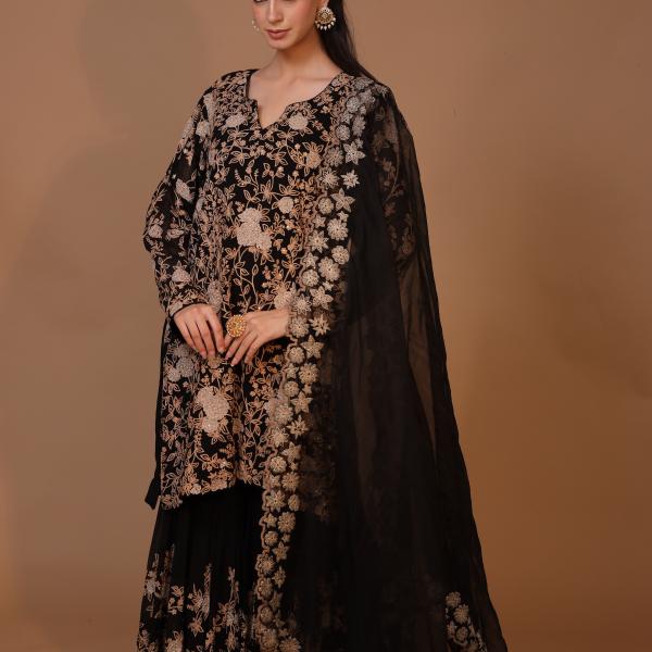 3-Piece Georgette Sharara Suit Set Aari Work