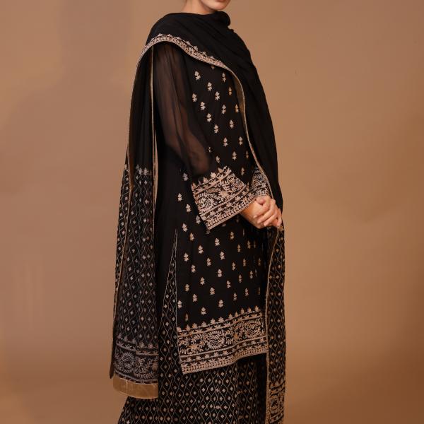 3-Piece Georgette Sharara Suit Set (Black)