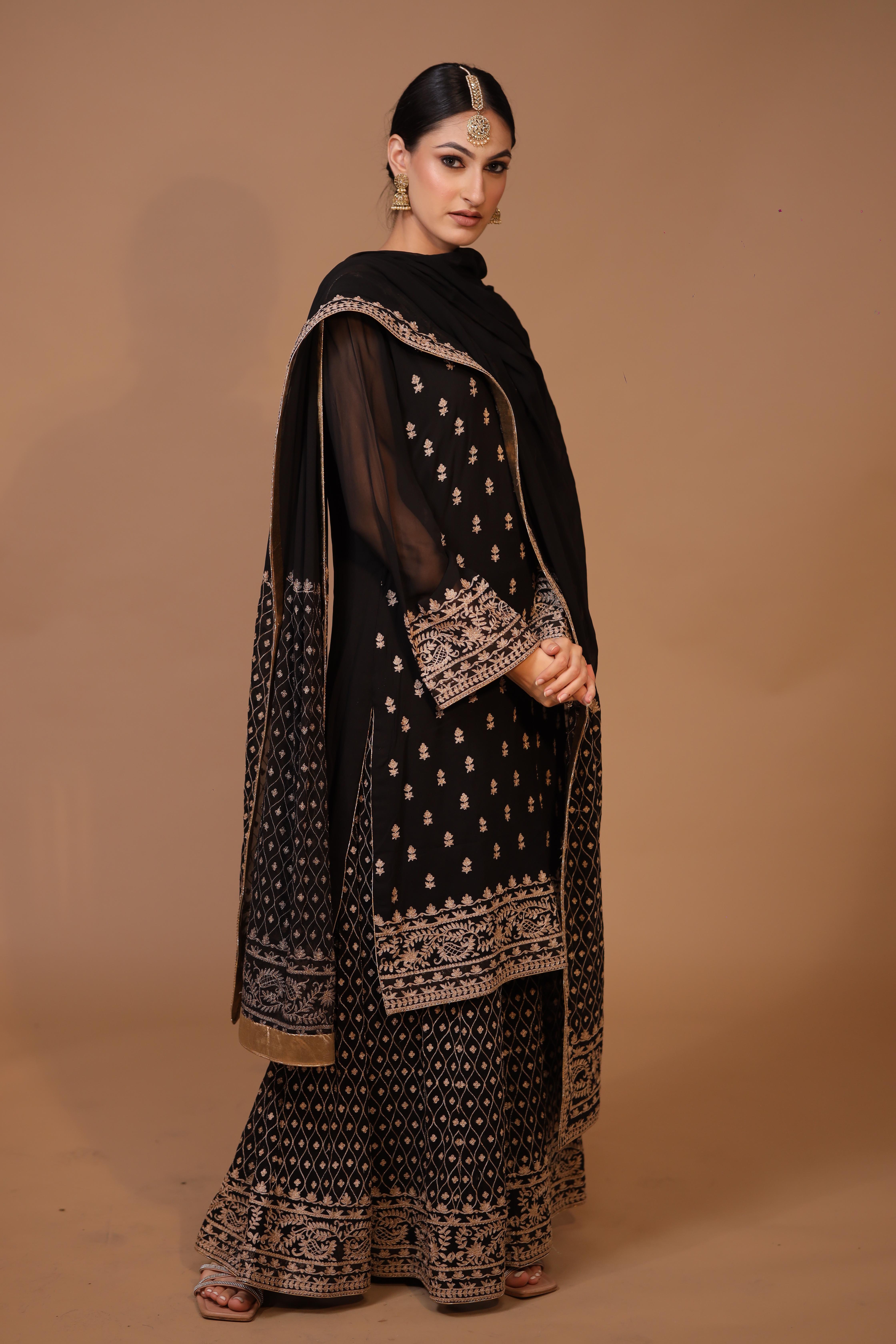 3-Piece Georgette Sharara Suit Set (Black)